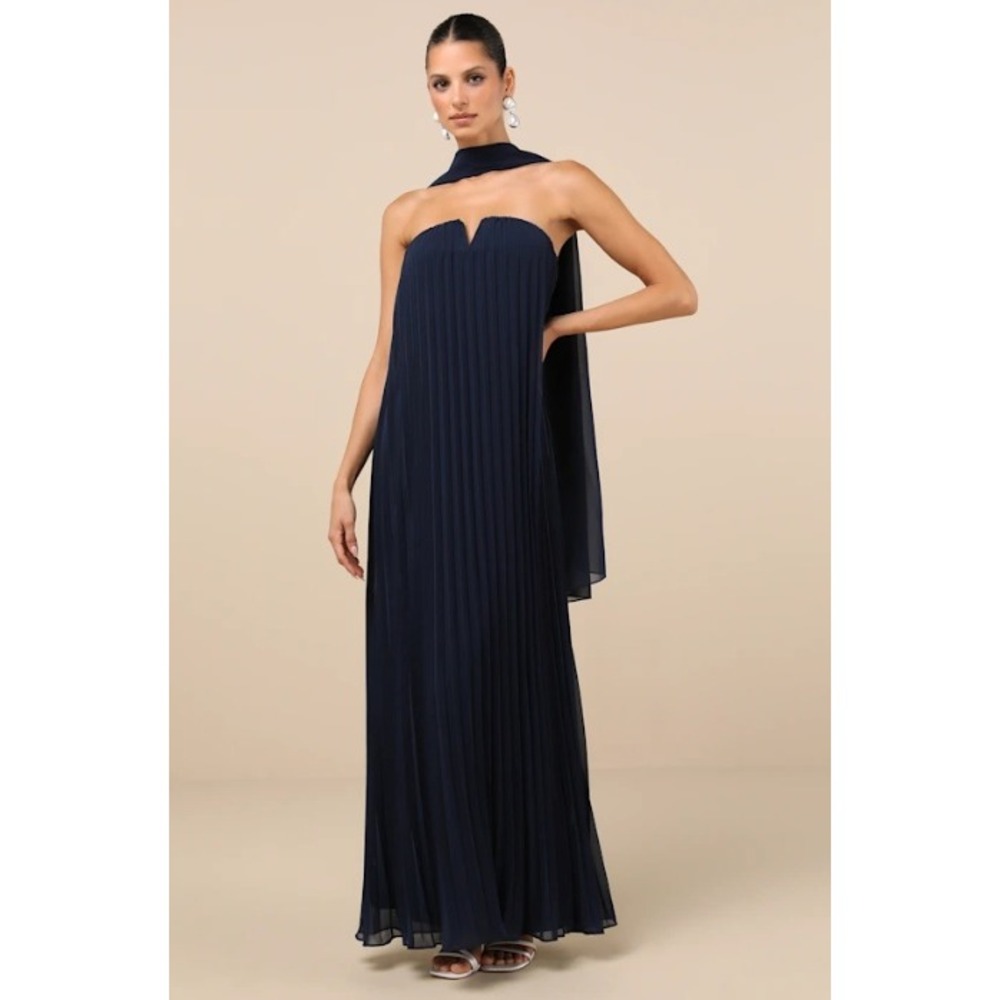 Lulu's Navy Pleated Strapless Maxi Dress with Neck Scarf